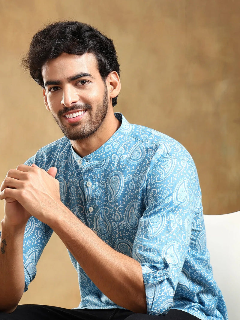 Amber Blue Cotton Hand Block Shirt