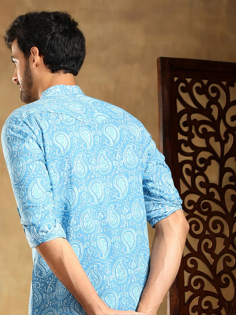 Amber Blue Cotton Hand Block Shirt