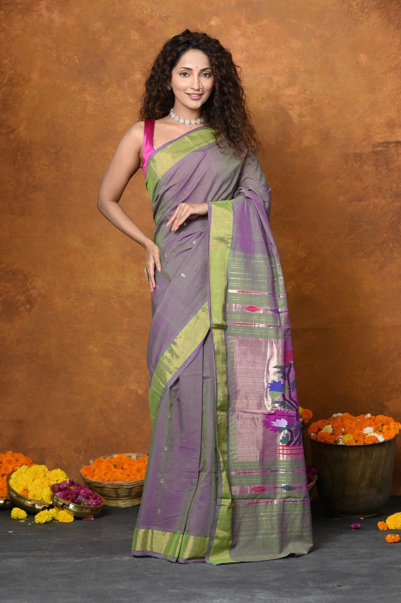 Pure Cotton Handloom Paithani Saree  Dual Tone Green & Pink