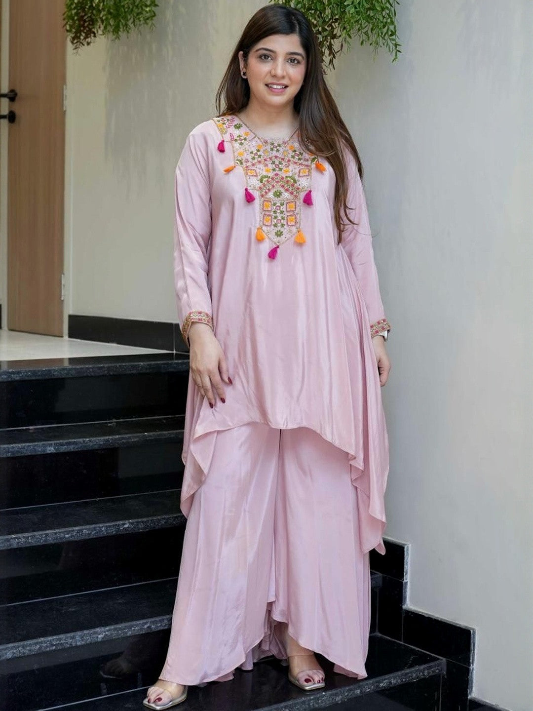 Pink Silk Blend Tunic & Palazzos Set Co-Ord Set