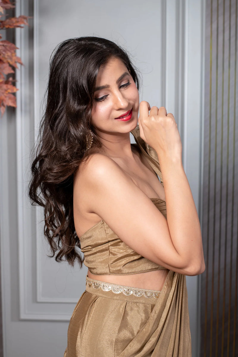 Chinon Golden Ready To Wear Saree with blouse