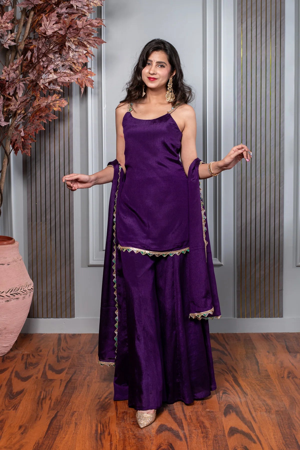 Chinon Purple Short Kurti With Palazzo