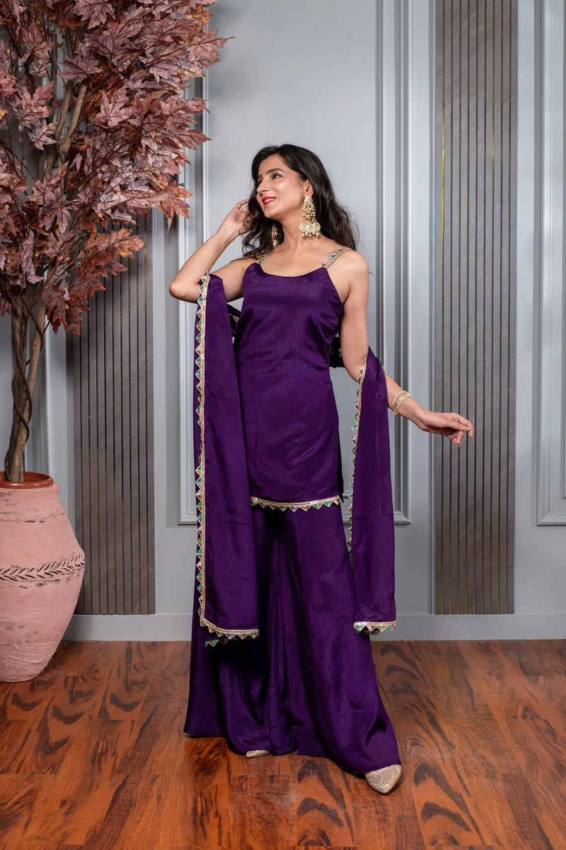 Chinon Purple Short Kurti With Palazzo