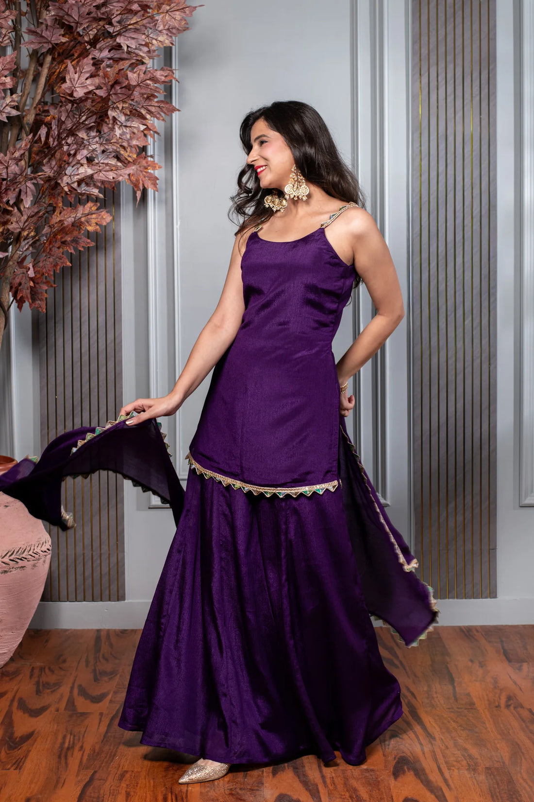 Chinon Purple Short Kurti With Palazzo