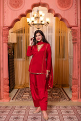 Chinon Red Short Kurta Farshi Salwar
