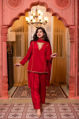 Chinon Red Short Kurta Farshi Salwar