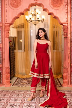 Roman Silk Red Short Anarkali Set