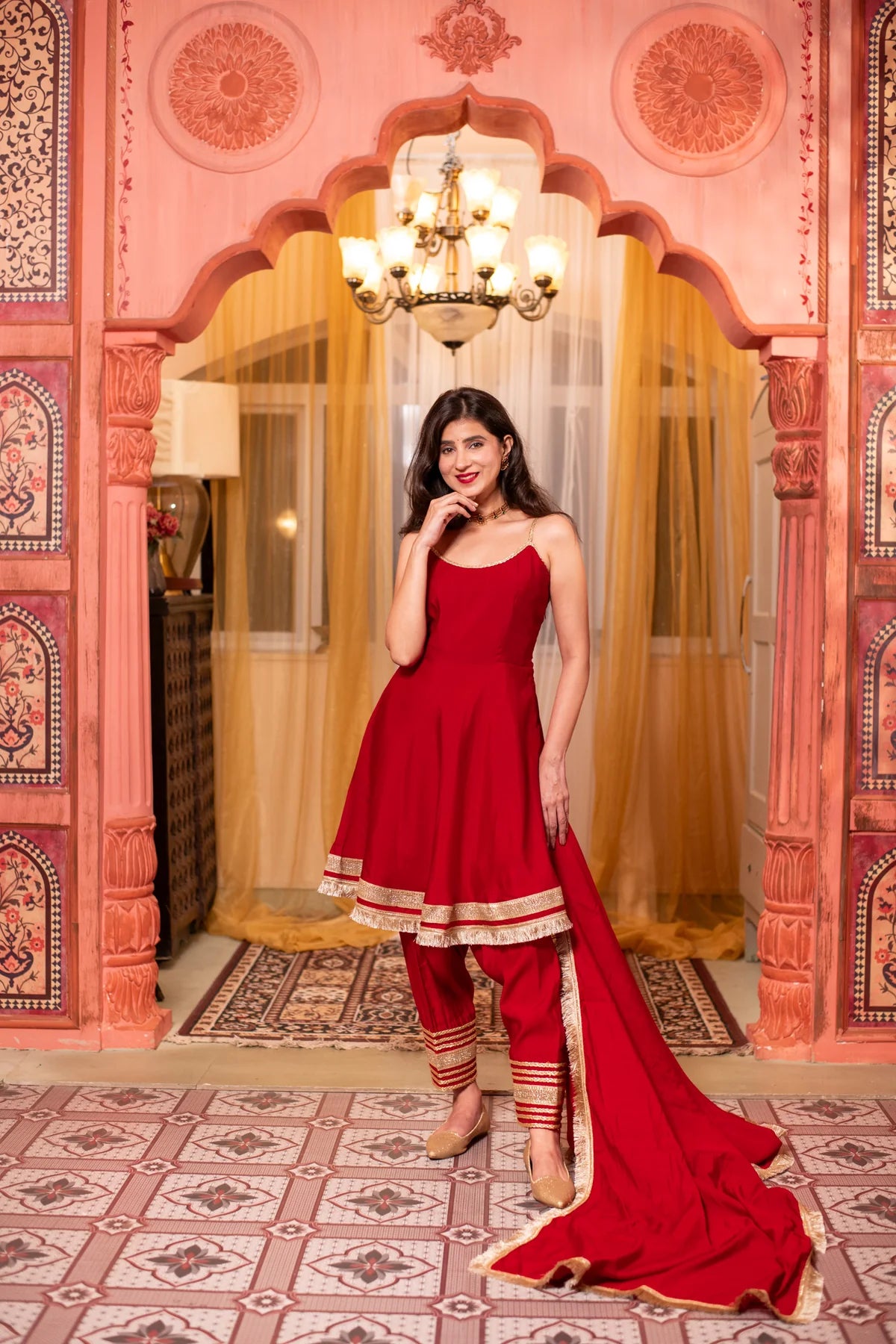 Roman Silk Red Short Anarkali Set