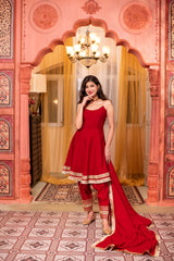 Roman Silk Red Short Anarkali Set