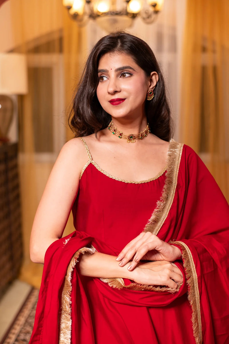 Roman Silk Red Short Anarkali Set