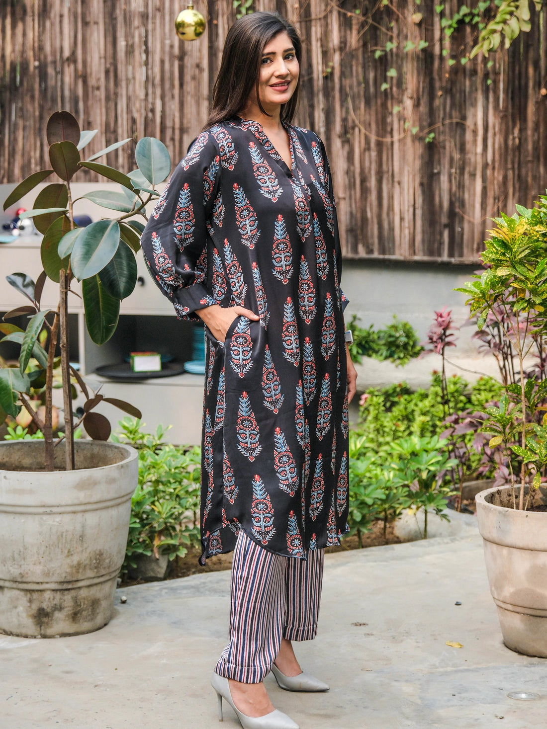 Black Luster Modal Satin Ajrakhi Co-Ord Set