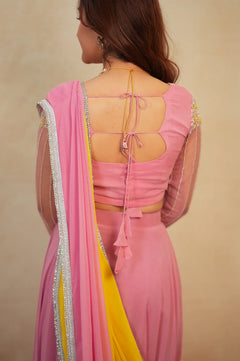 Vanilla Pink & Yellow Designer Lehenga Saree