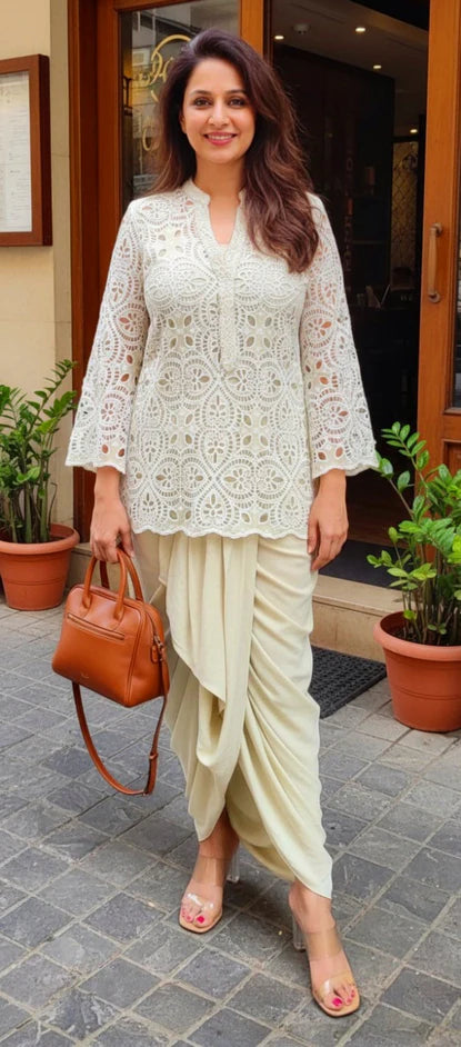 Pink Cutwork Kurta Dhoti Set