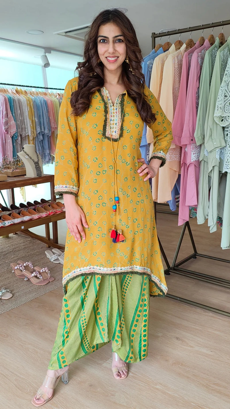 Mehfil Black & Mustard Floral Muslin Silk Kurta Set