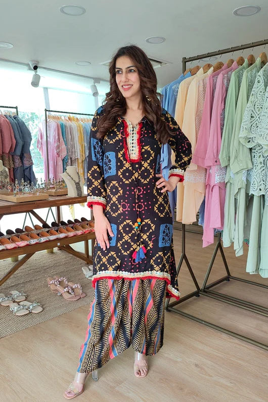 Mehfil Black & Mustard Floral Muslin Silk Kurta Set