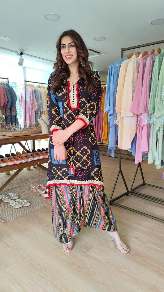 Mehfil Black & Mustard Floral Muslin Silk Kurta Set