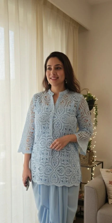Pink Cutwork Kurta Dhoti Set