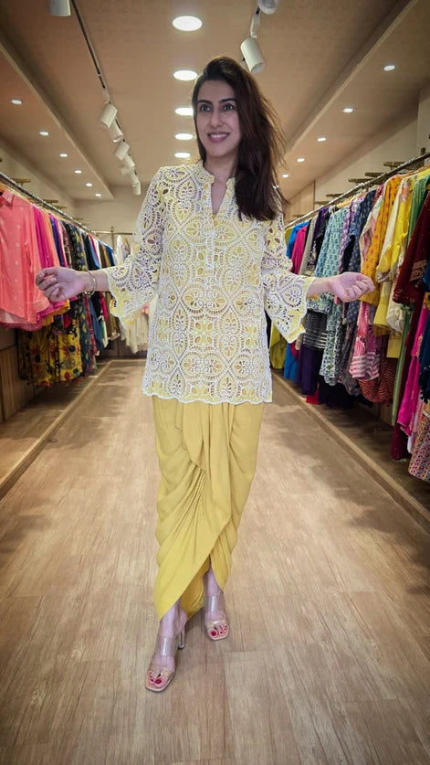 Pink Cutwork Kurta Dhoti Set