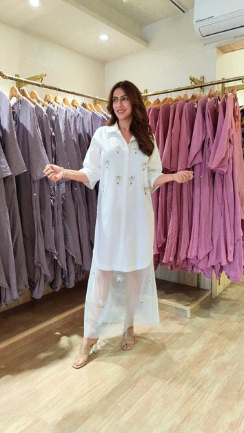 Hand Embellished White Shirt Dress With Net