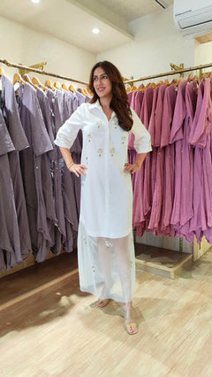 Hand Embellished White Shirt Dress With Net