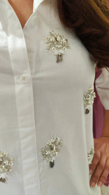 Hand Embellished White Shirt Dress With Net