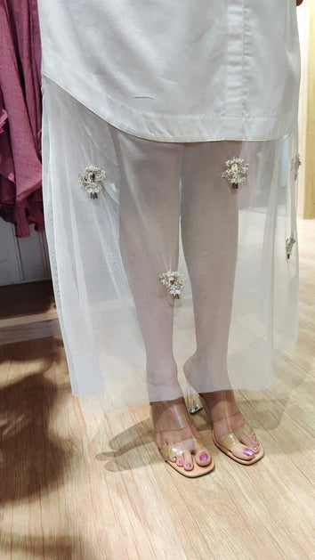 Hand Embellished White Shirt Dress With Net