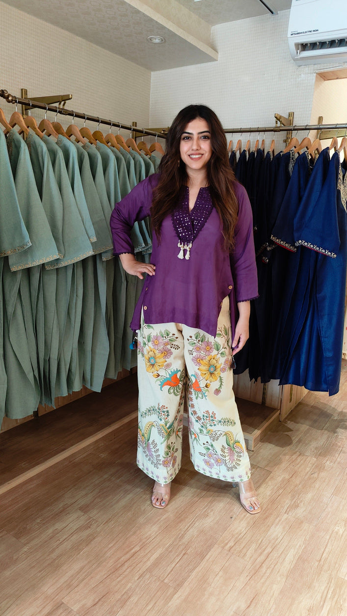 Purple Short Kurta with Printed Pants