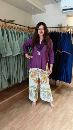 Purple Short Kurta with Printed Pants