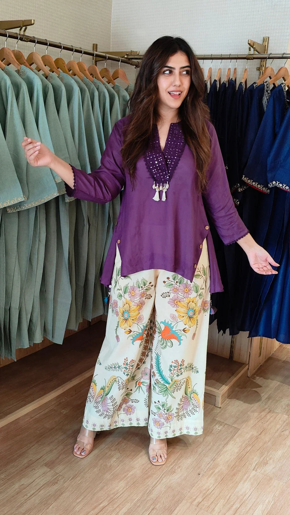 Purple Short Kurta with Printed Pants