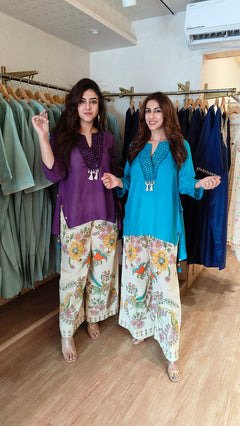 Purple Short Kurta with Printed Pants