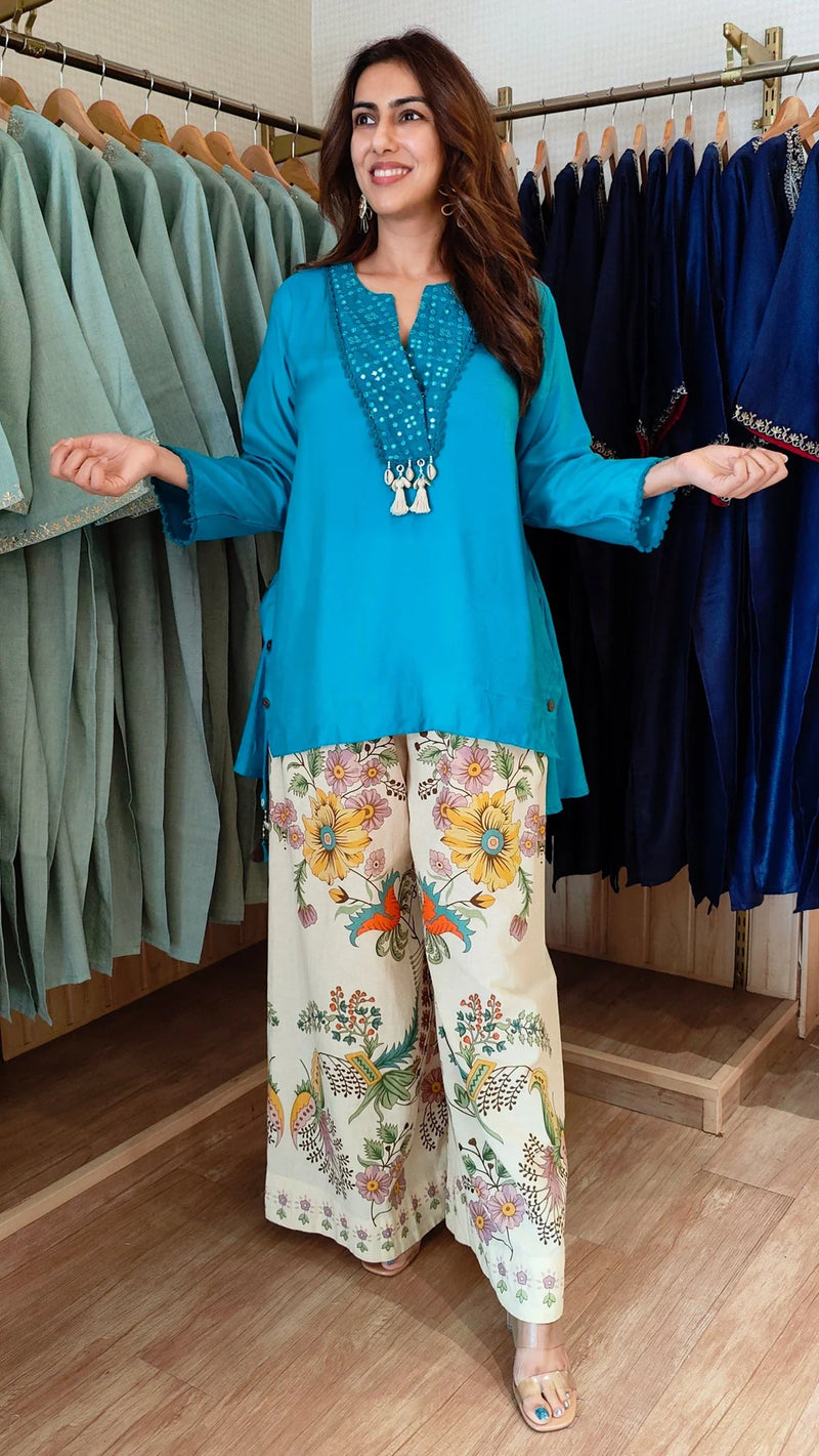 Purple Short Kurta with Printed Pants