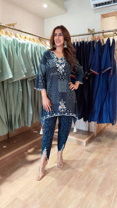 Indigo Blue Printed Patchwork Kurta Set