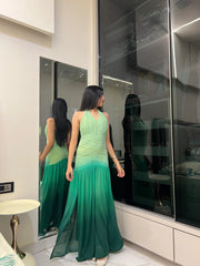 Green Mesh Lycra Flared Gown