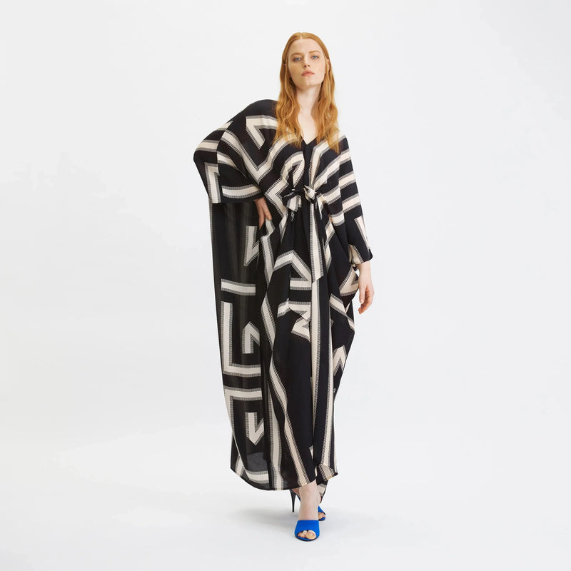 Black Geometric Belted Kaftan Dress