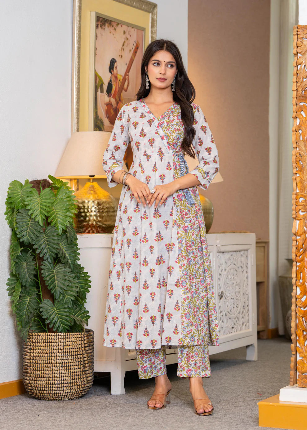 Angrakha Cotton Anarkali Suit Set with Mulmul Dupatta