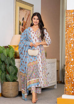 Angrakha Cotton Anarkali Suit Set with Mulmul Dupatta
