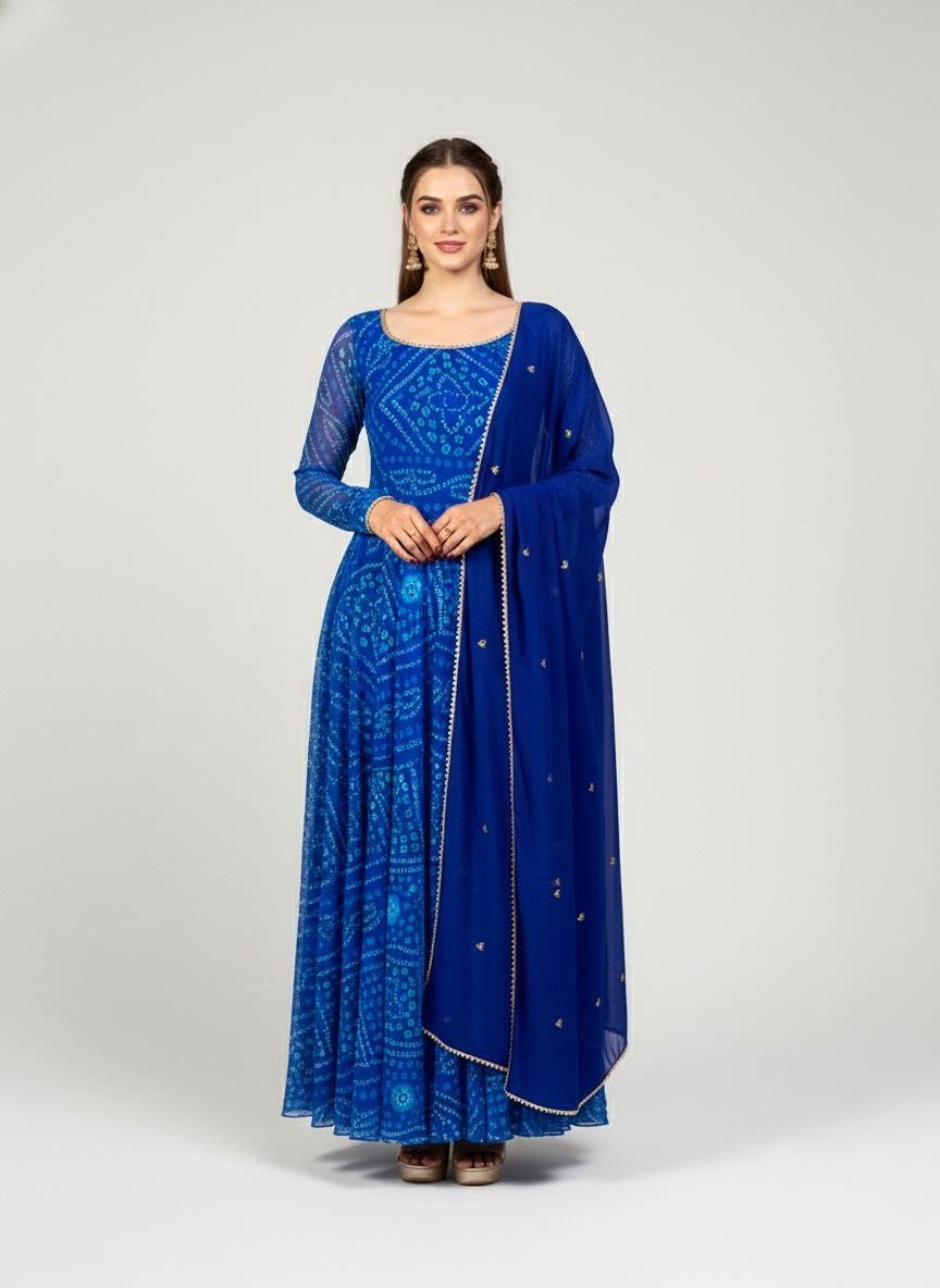 Bandhani Asymmetric Neck Anarkali with Dupatta