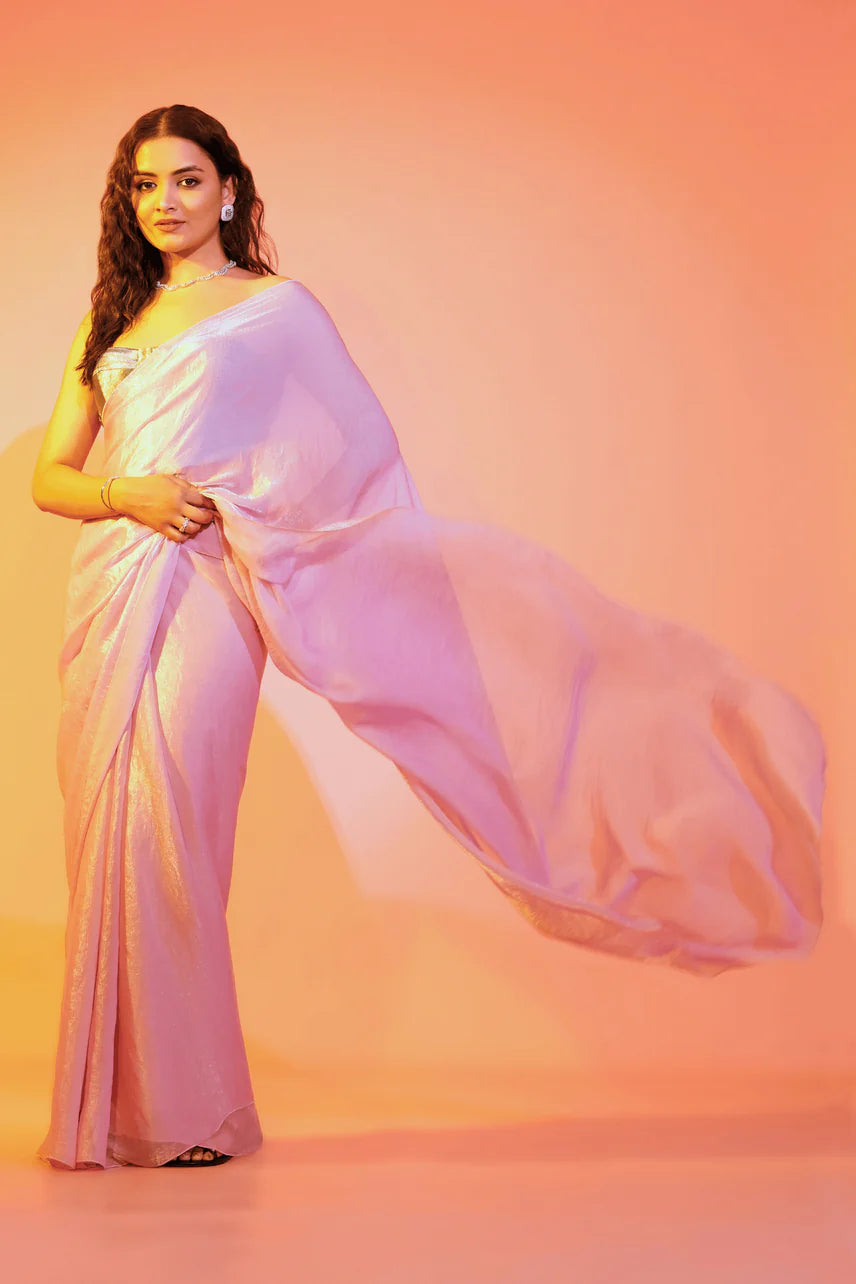 Barbie Blush Pink Burbery Saree with Stitched Blouse