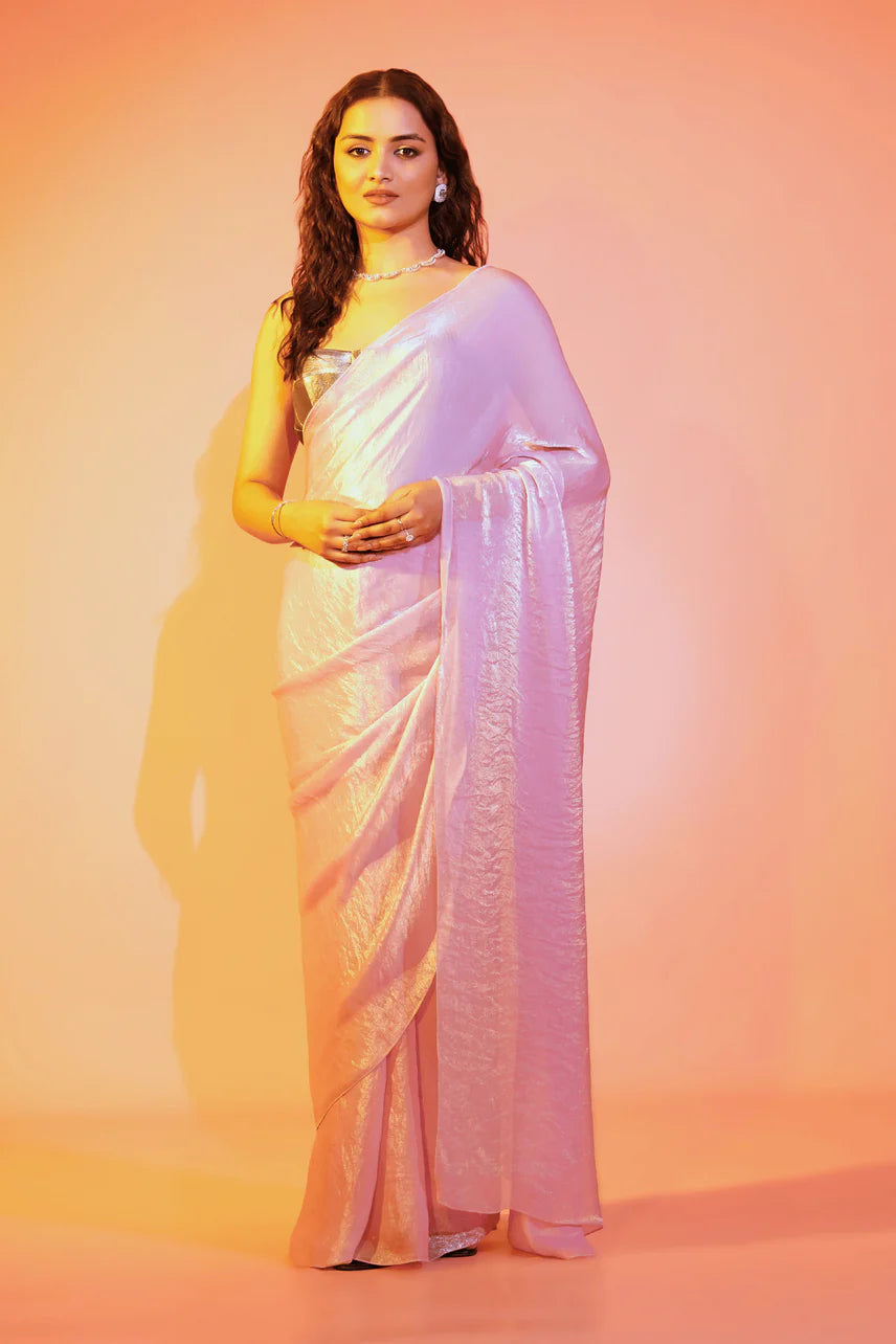 Barbie Blush Pink Burbery Saree with Stitched Blouse