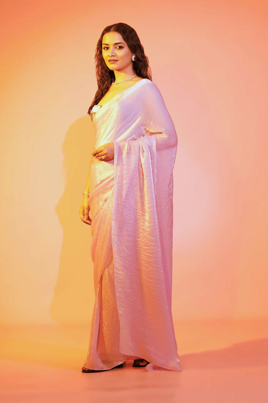 Barbie Blush Pink Burbery Saree with Stitched Blouse