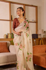 Beige Organza Silk Saree