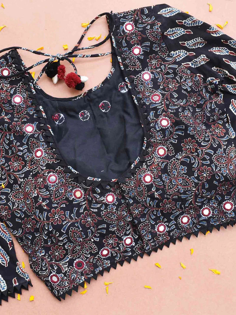 Black Floral Leaf Mirror Work Blouse