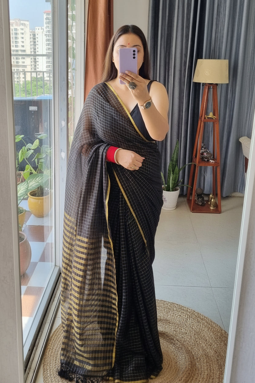 Golden Zari Check Mul Cotton Saree