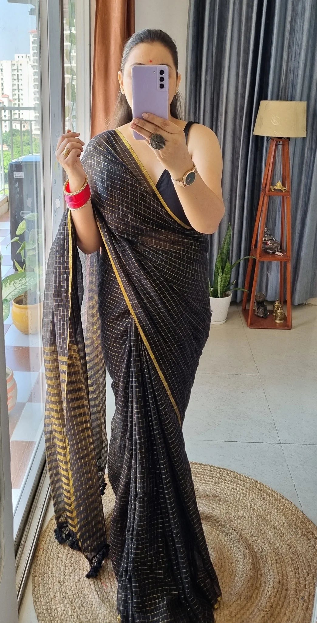 Golden Zari Check Mul Cotton Saree