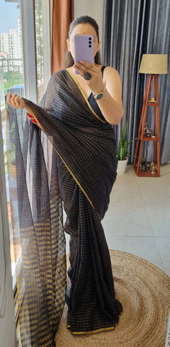 Golden Zari Check Mul Cotton Saree