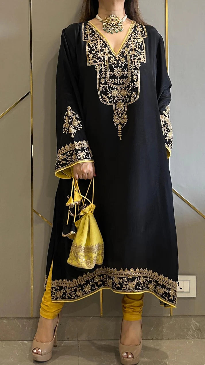 Luxury Crepe Embroidered Phiran Kurta Set with Churidar & Potli