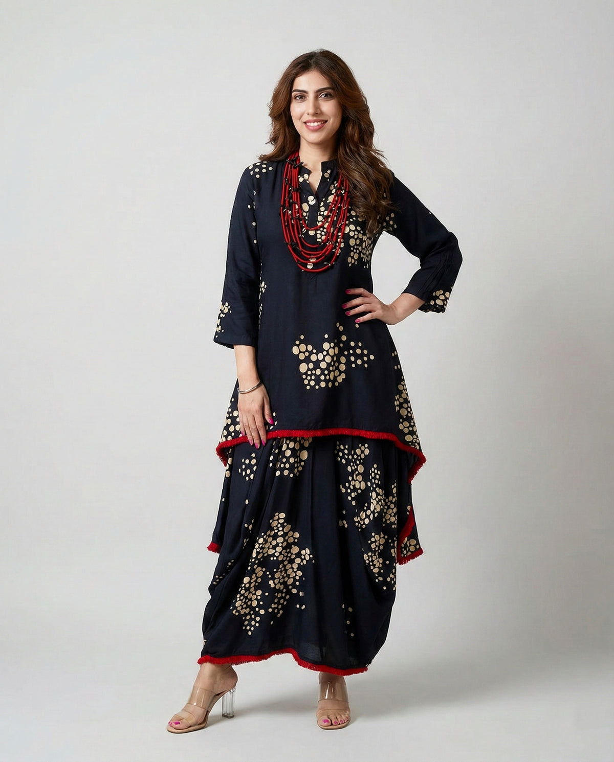 Black Rayon Dhoti Skirt Dress with Necklace