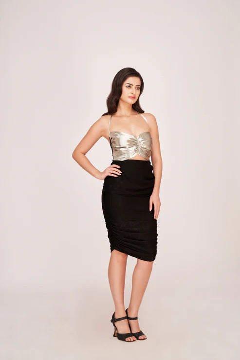 Black and Silver Satin Ruched Dress