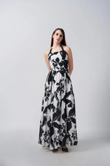 Black and White Floral Ankle Length Dress
