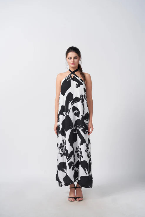 Black and White Floral Crepe Dress